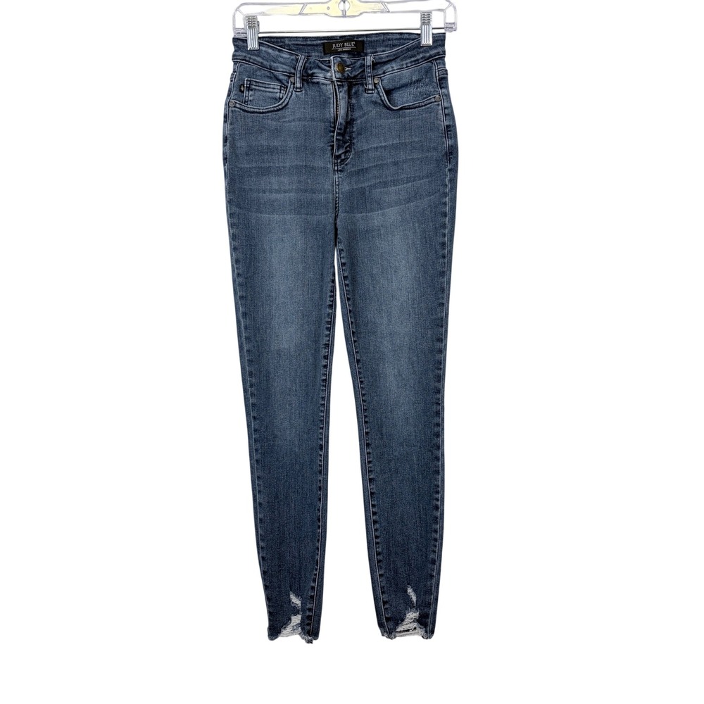 Judy Blue Skinny Jeans Distressed Raw Hem Blue Denim Size 5/27‎